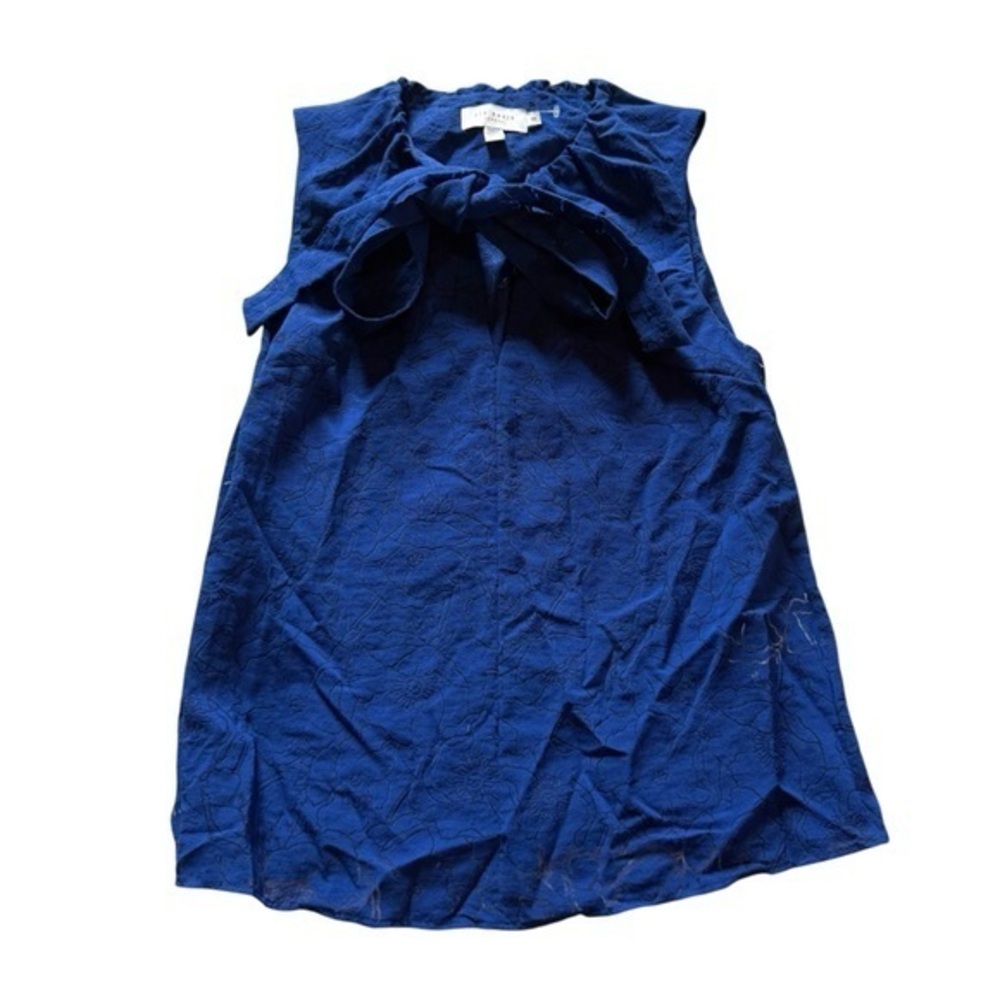 Ted Baker Preppy Designer Sheer Blue Floral Lace Sleeveless Bow Top